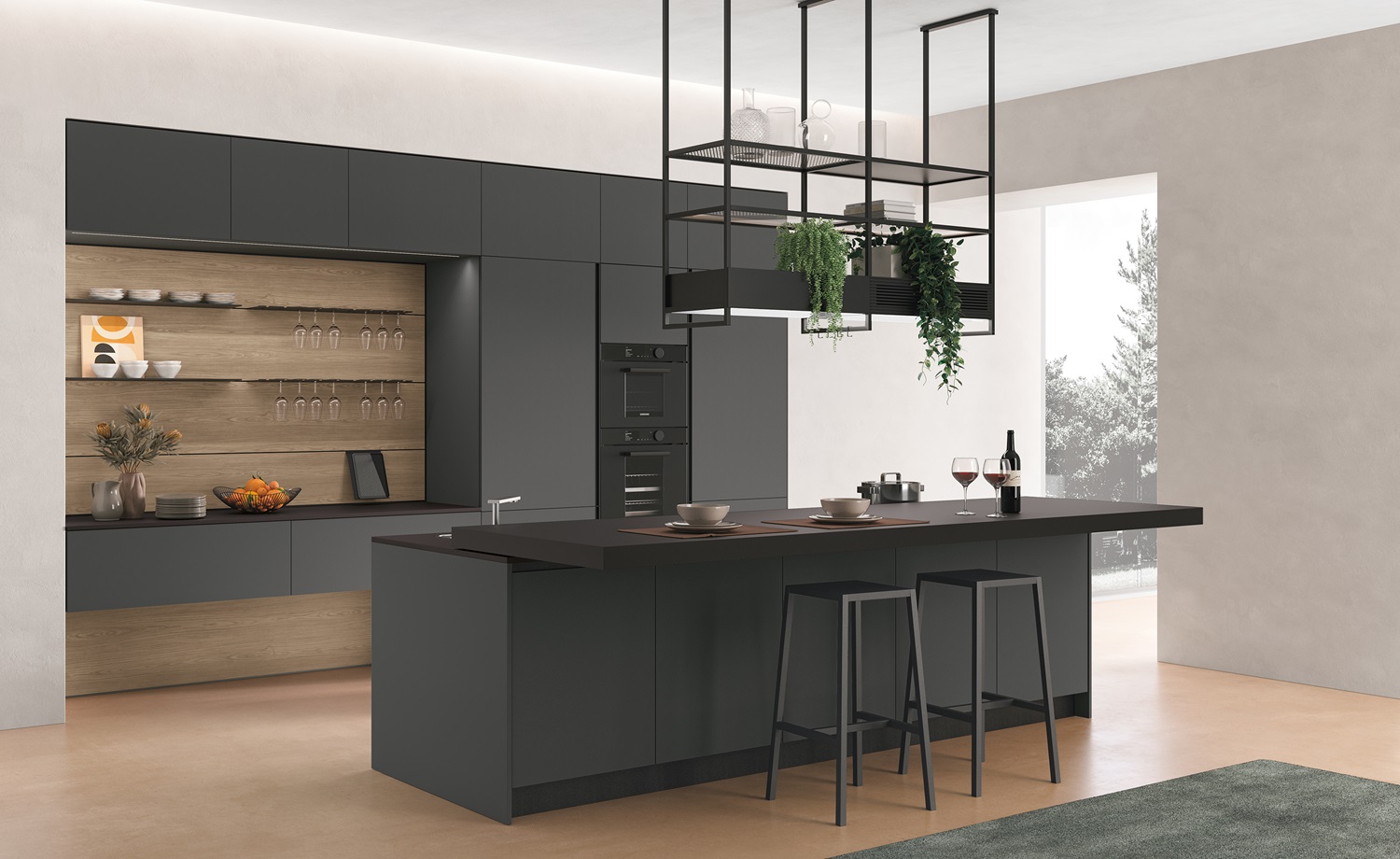 Cucine con isola 7 Cucina con isola Young in finitura Basalto e noce marino