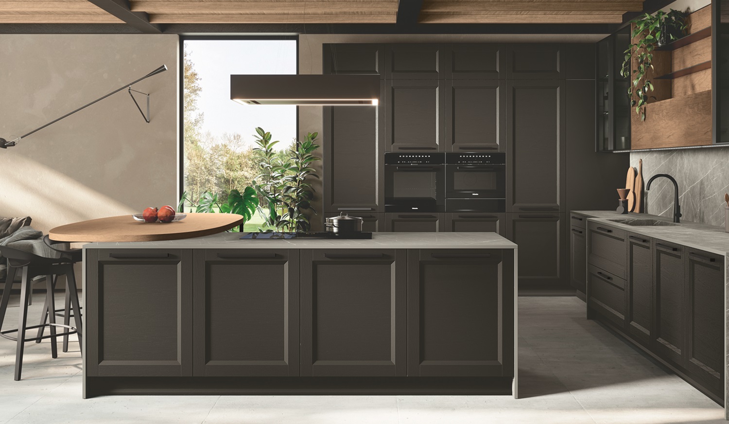Cucine classiche 17 Cucina Classica Stosa modello Beverly in finitura Moro con Isola e top in quarzo