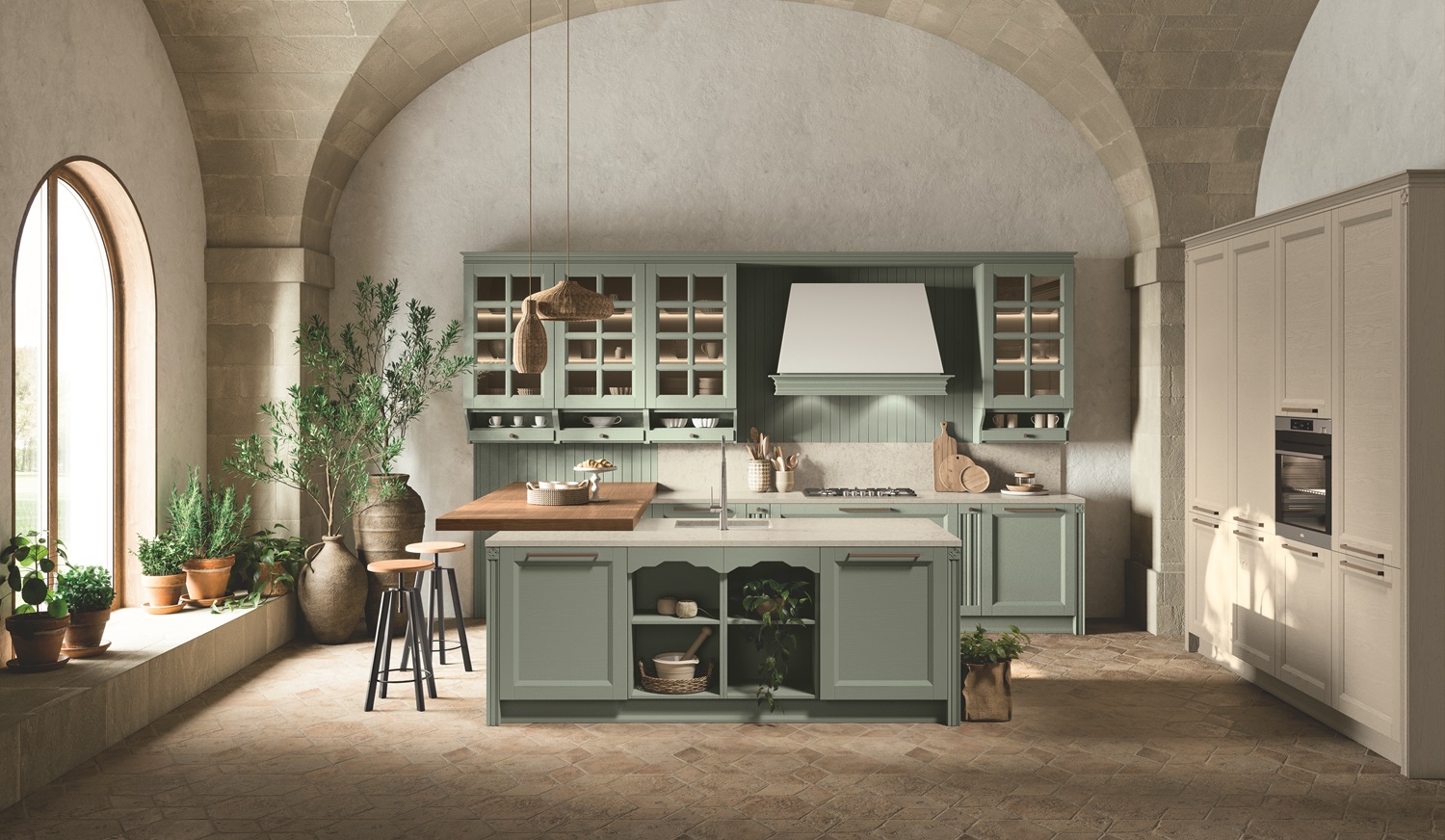 Cucine classiche 20 Cucina con isola centrale classicheggiante in finitura menta