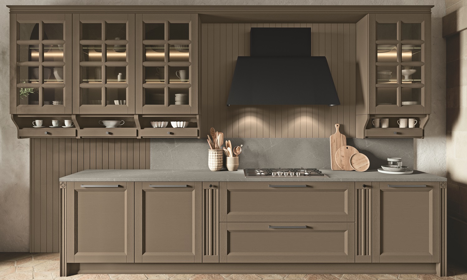 Cucine classiche 13 Cucina lineare classica con cappa a vista, vetrinette e boiserie modello Beverly