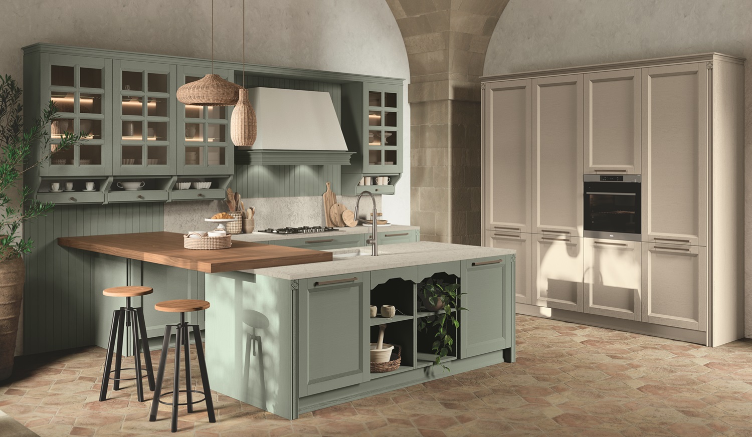 Cucine classiche 3 Cucina con vetrine, isola e cappa a vista modello Beverly con ampio piano snak