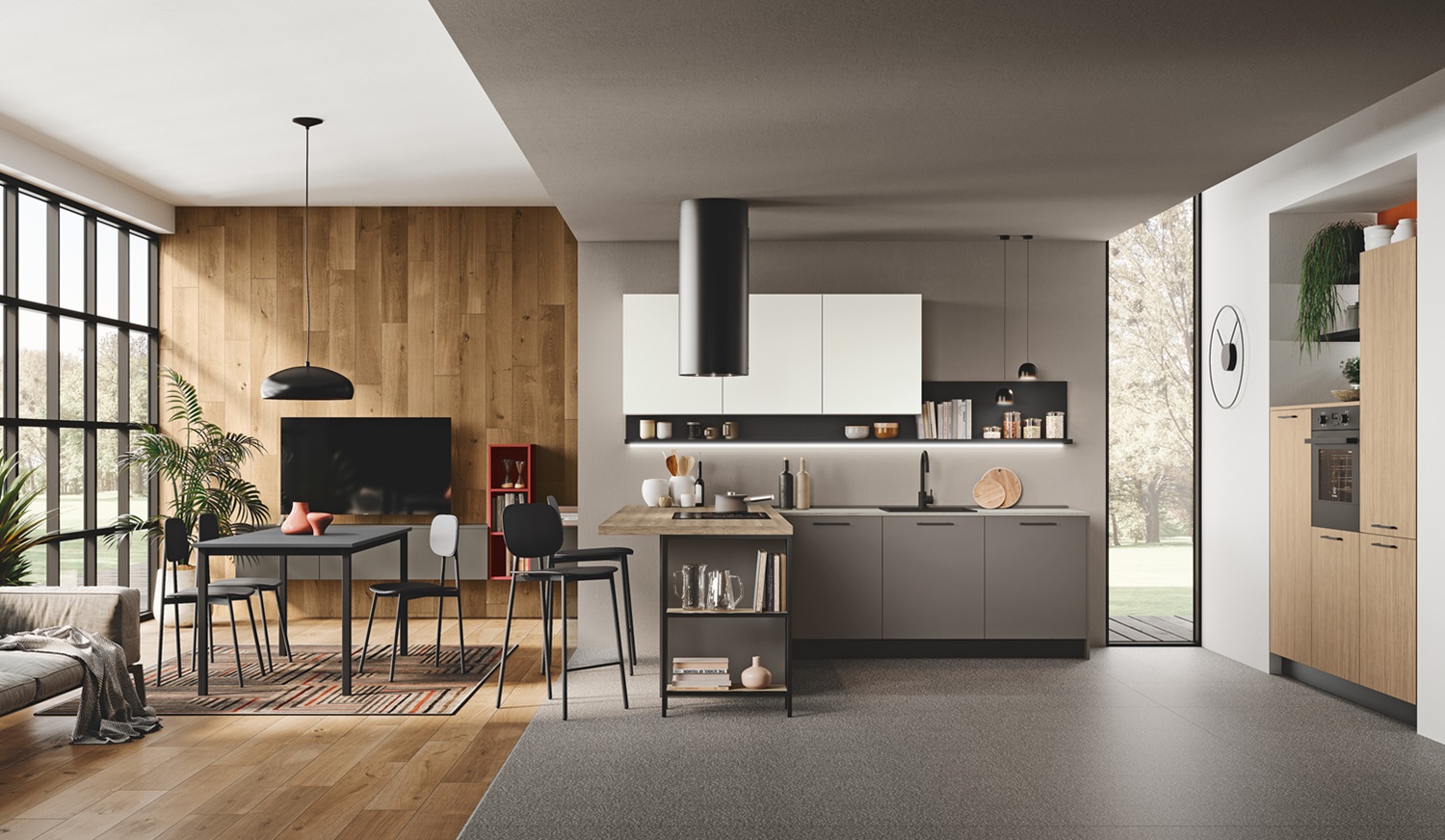 Cucine con penisola 16 Cucina moderna con penisola e zona living abbinata
