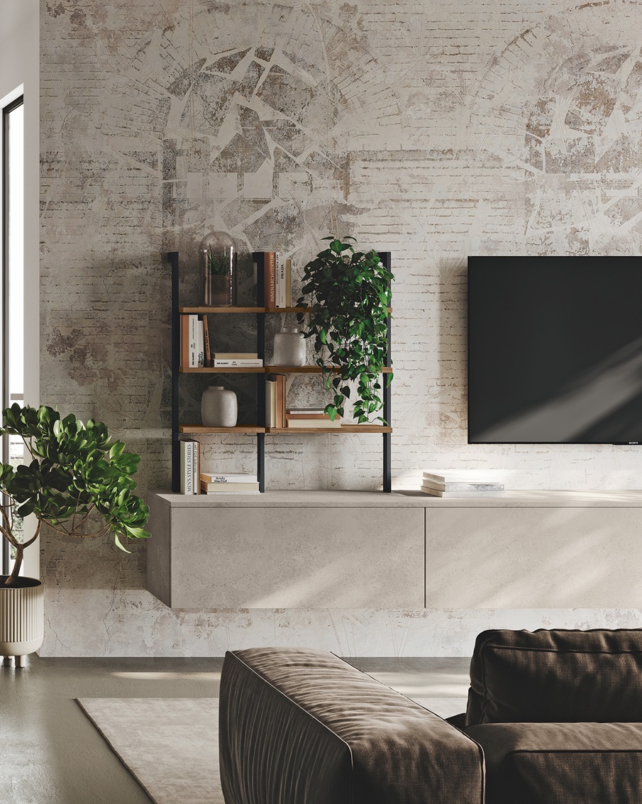 Zona Tv con carta da parati, cassetti sospesi e mensole moderne con supporti metallici
