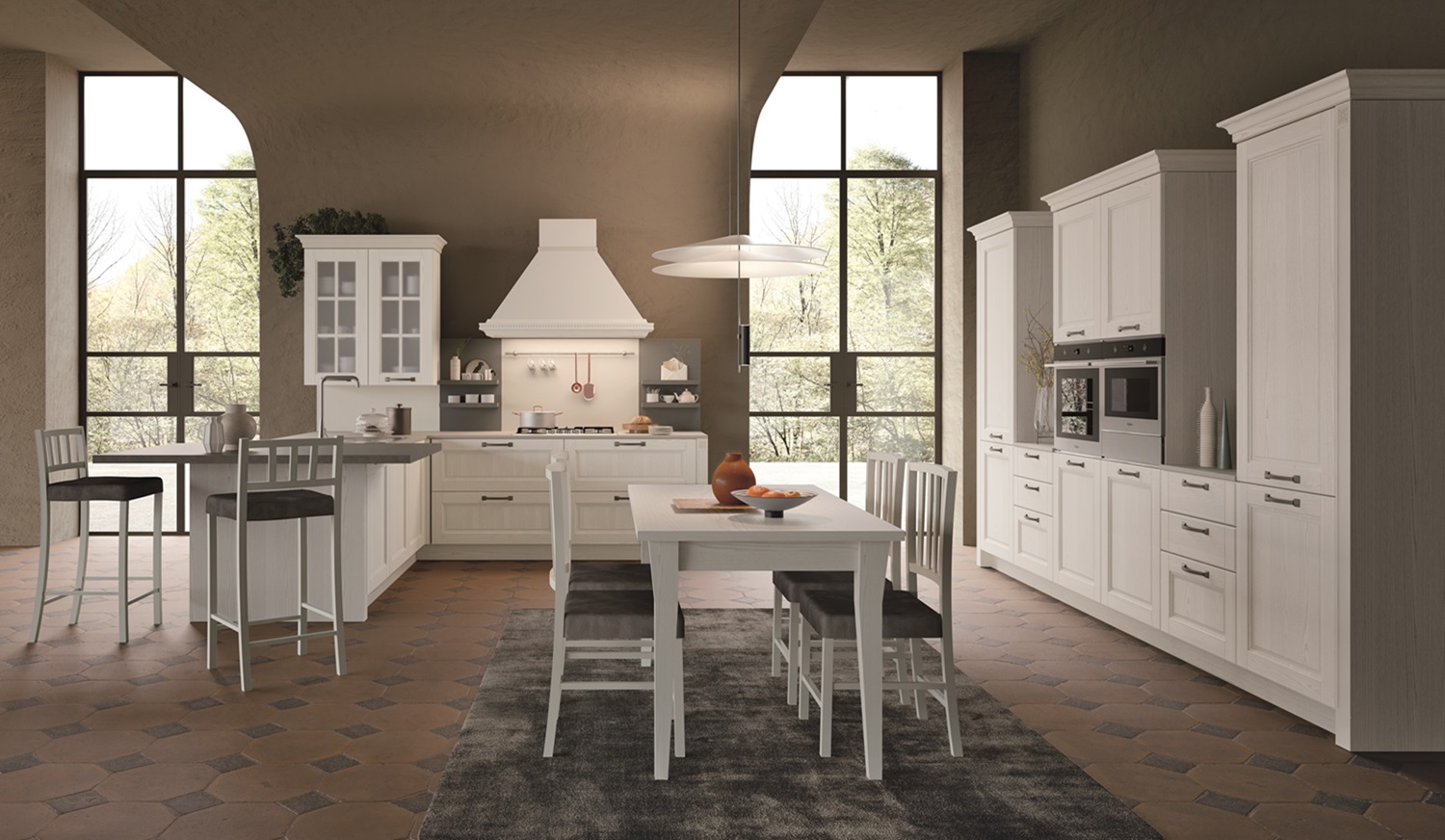 Cucine classiche 8 Cucina Virgina bianca con pensiolae parete attrezzata con colonne
