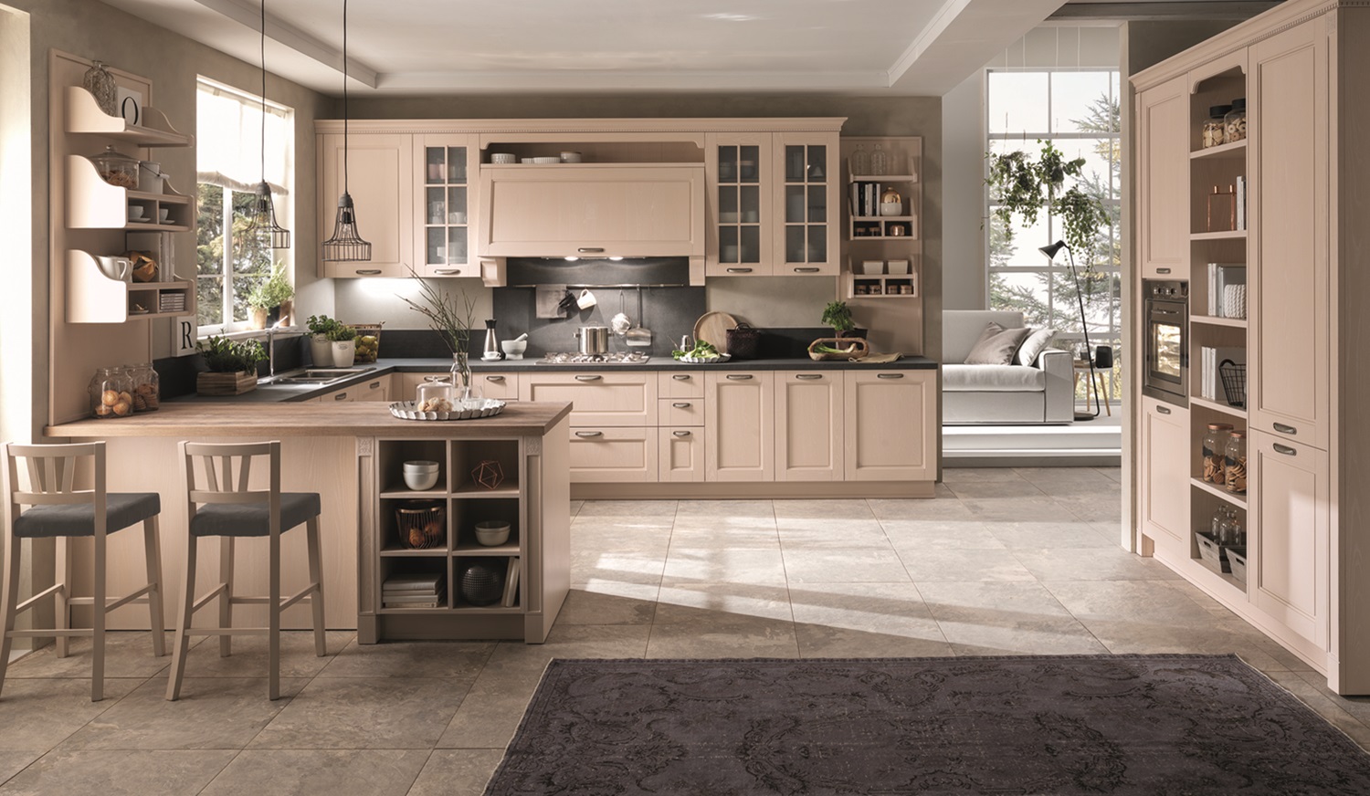 Cucine classiche 14 Cucina con vetrine cipria Stosa Virginia
