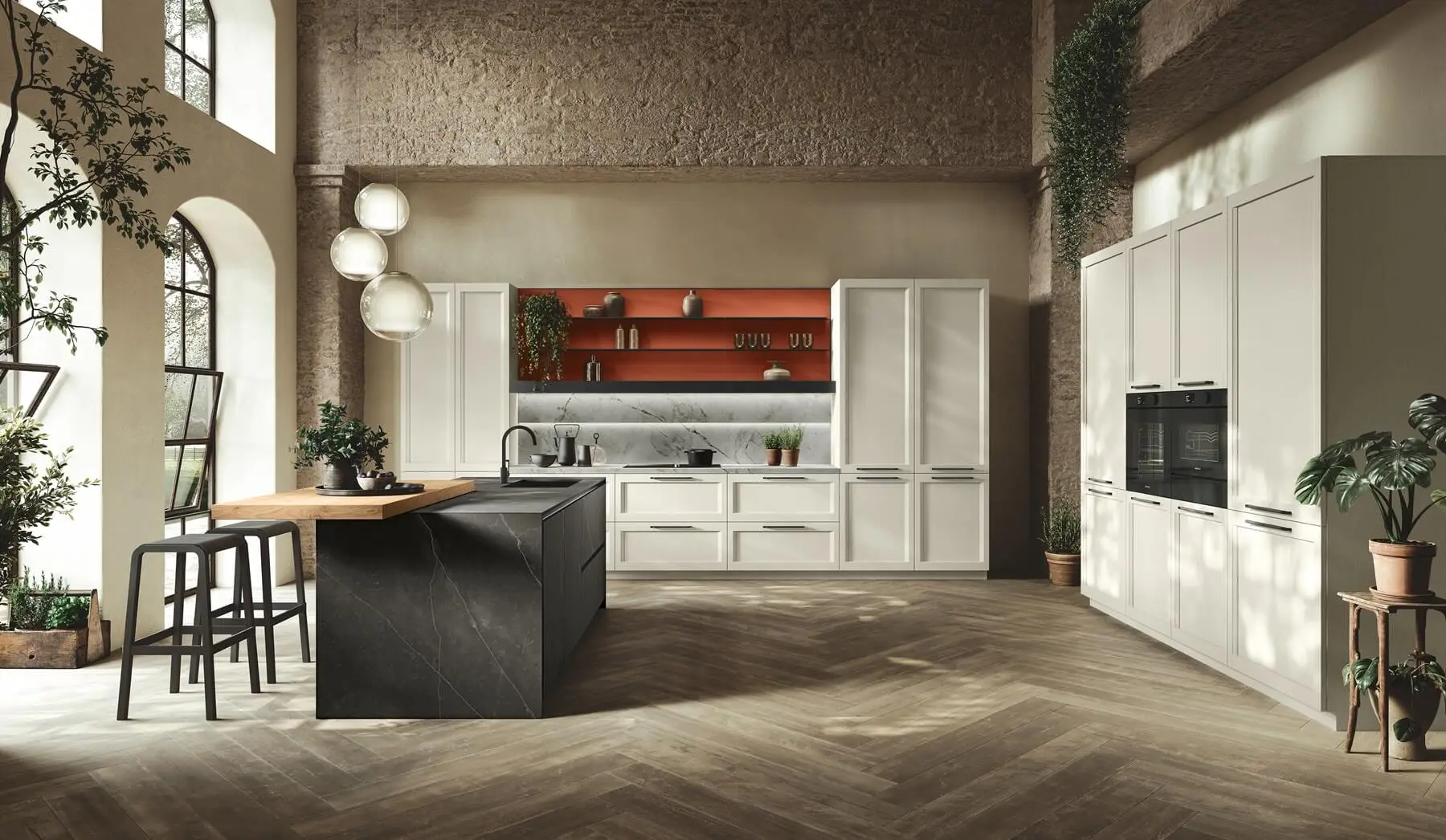 Stosa Palio: le nuove cucine moderne con anta a telaio 7 Cucina moderna Palio bianca con inserti corallo