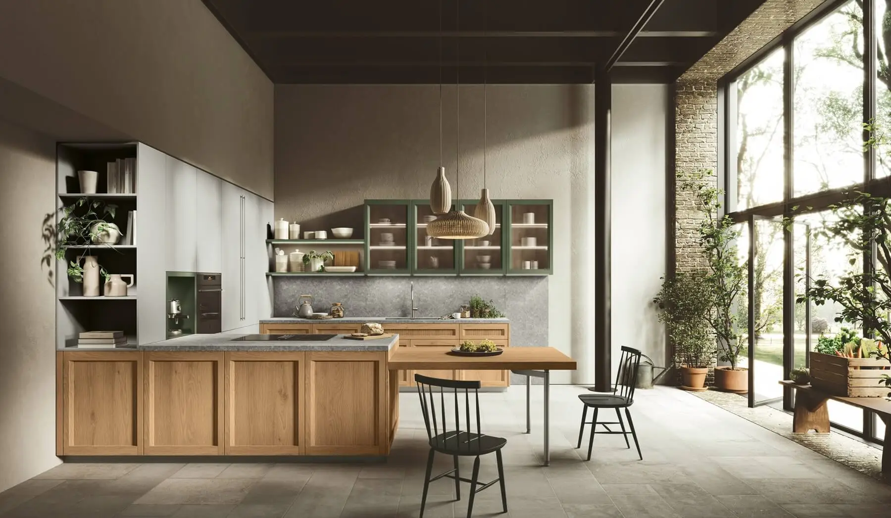 Stosa Palio: le nuove cucine moderne con anta a telaio 8 Cucina con penisola in finitura rovere modello Palio con vetrine verdi