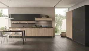 Cucina lineare Infinity in rovere e nero con maniglie dal design moderno