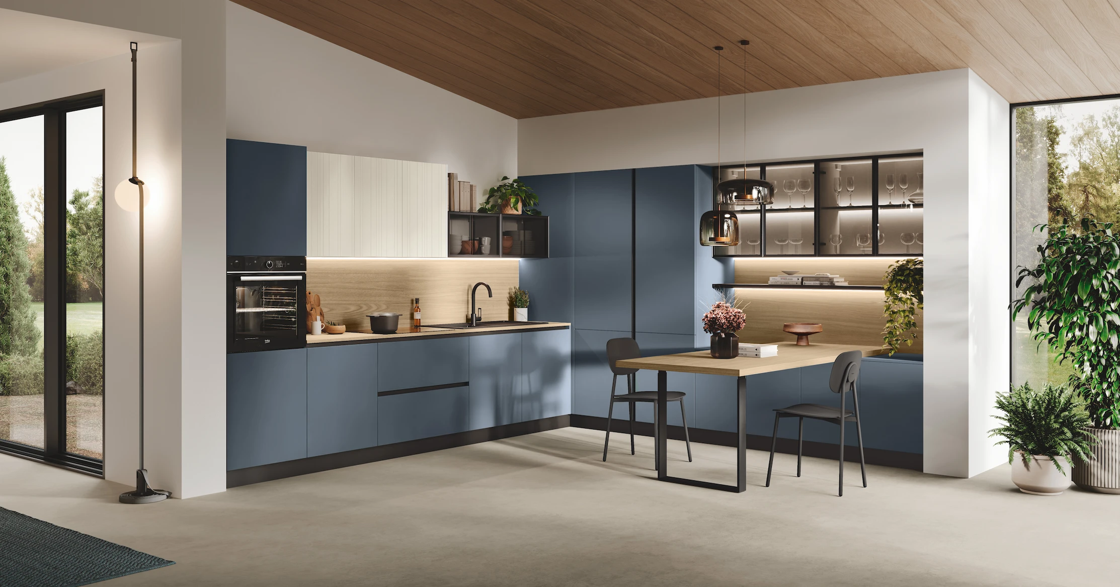 Cucina STOSA Kaya blu, bianca e legno